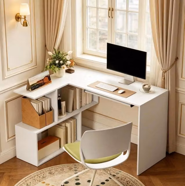 Scrivania ad angolo a forma di L con ripiani e cassetto per tastiera, scrivania per computer per home office bianco effetto legno