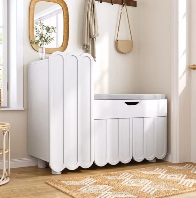 Scarpiera REDOM con seduta imbottita in MDF Bianco L 90 cm, P 35 cm, H 74,5 cm