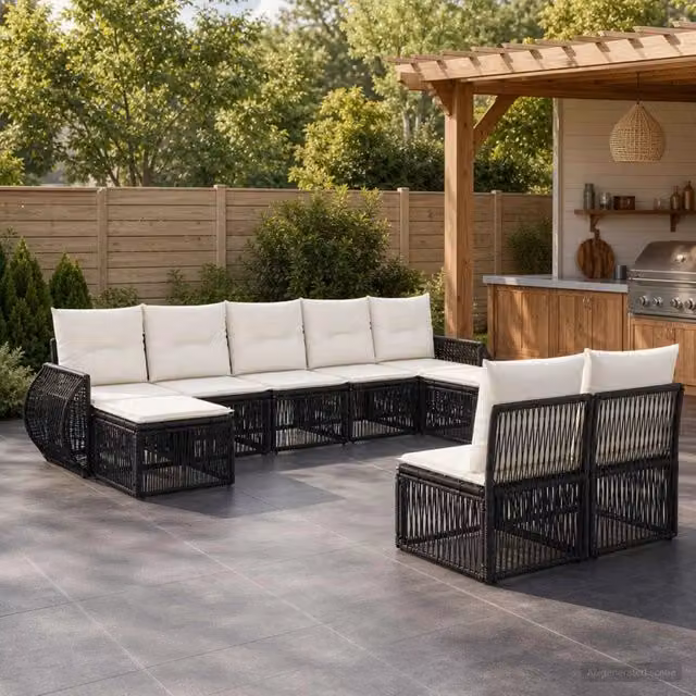 Set Divano da Giardino 9 pz Nero e Bianco Crema polyrattan 3435532
