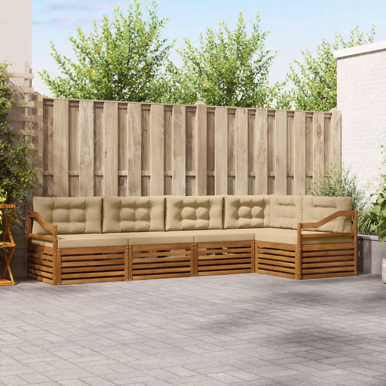 Set di divani da esterno vidaXL a forma di L in legno di acacia con cuscini, Beige e Marrone