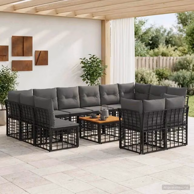 Set di divani da esterno vidaXL a forma di U con tavolino, 13 pezzi, Nero e Grigio – 1