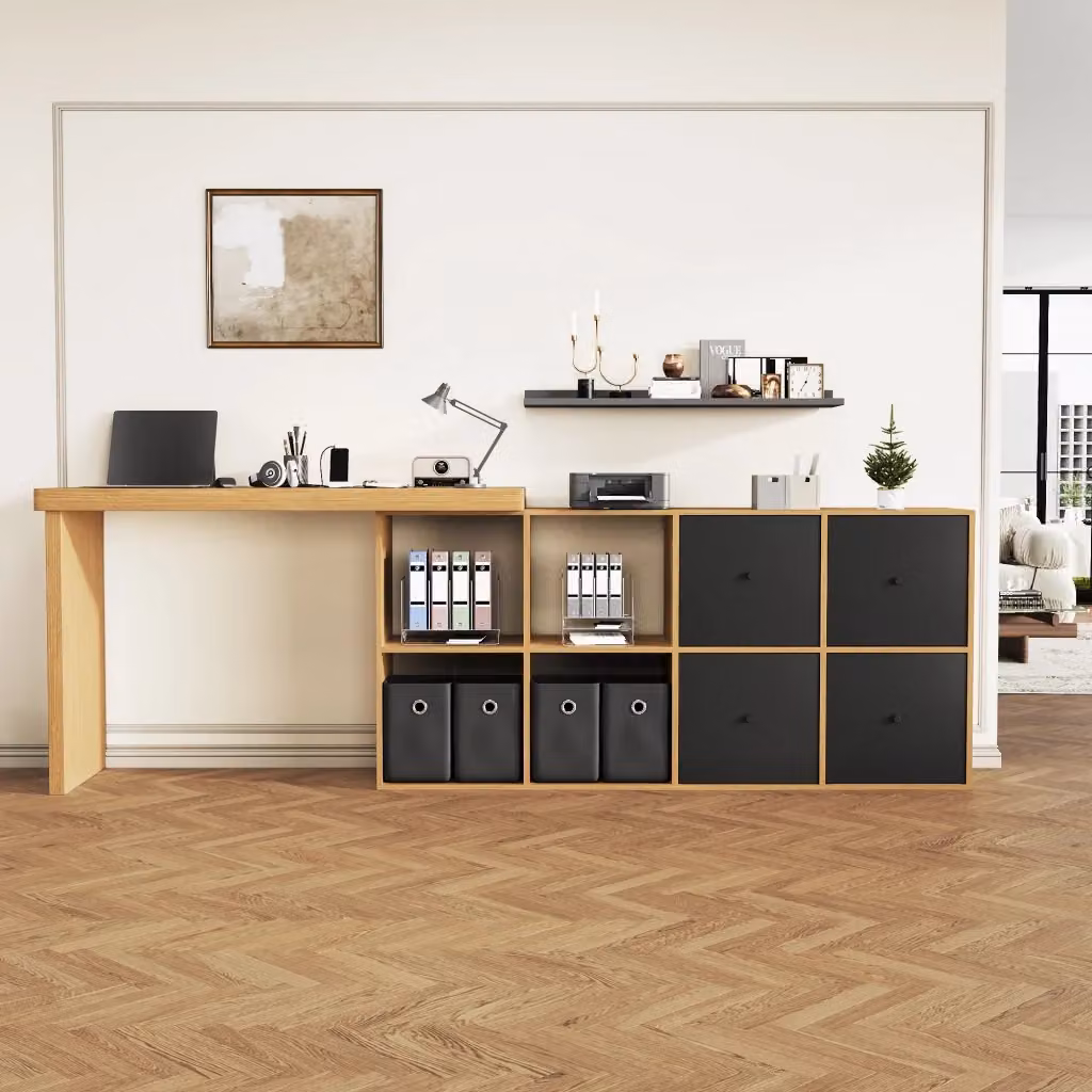 Scrivania angolare FOLYNA con piano girevole a 360°, 4 cassetti e 4 vani aperti in MDF laminato, disponibile in nero o marrone, L: 120 cm, P: 78 cm, H: 48 cm
