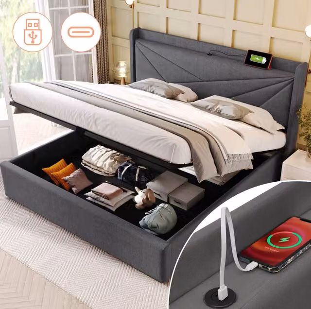 Letto matrimoniale MODFU con contenitore e testiera con porte USB, grigio, L: 160 cm, P: 200 cm