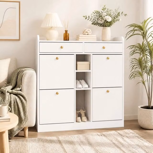 Scarpiera ULEVR 110x26x100 cm con 4 ante a ribalta, 2 cassetti e 3 vani aperti, bianca