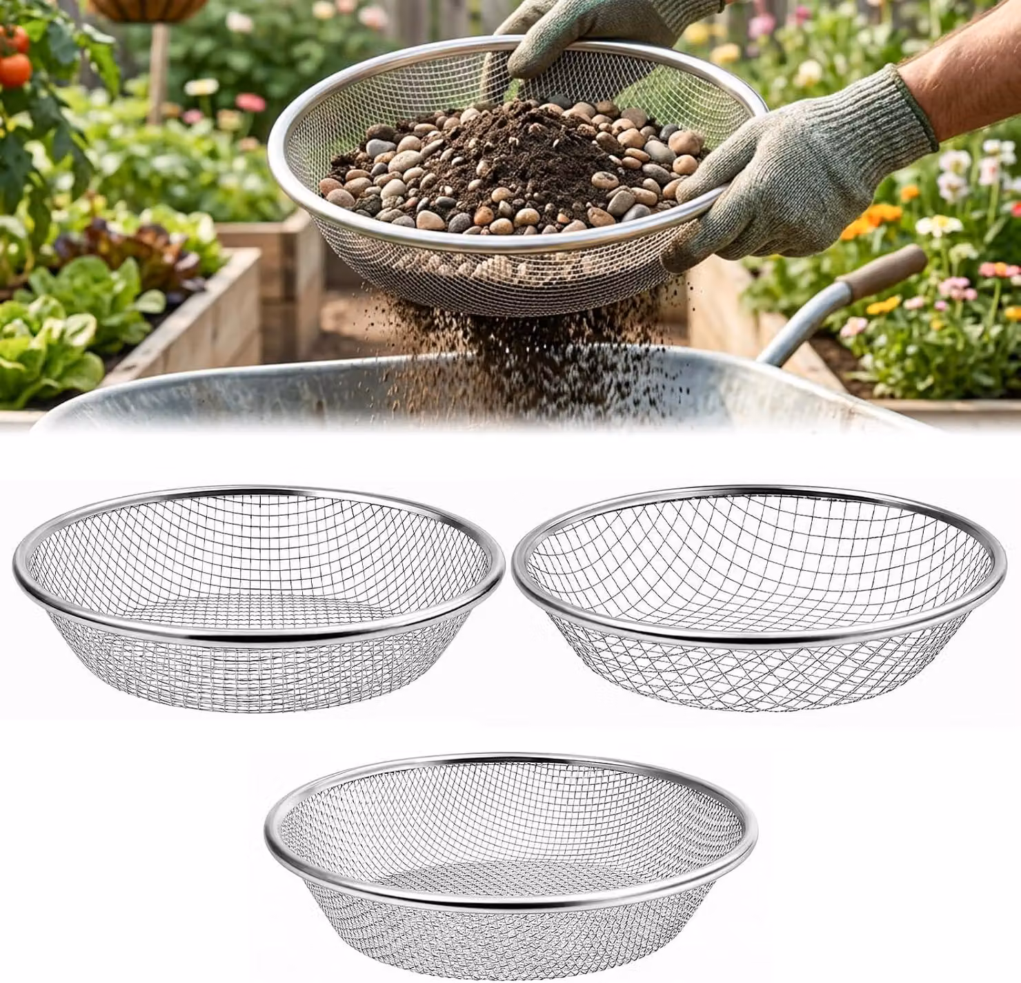 Set di 3 setacci da giardino, in acciaio inossidabile, per lavori di giardinaggio
