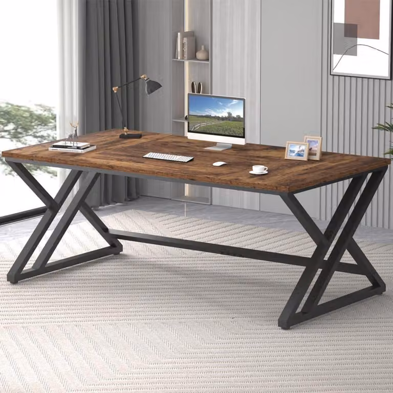 Scrivania, tavolo per computer, legno e metallo, 180 cm, colore vintage marrone-nero, impiallacciatura di quercia nera