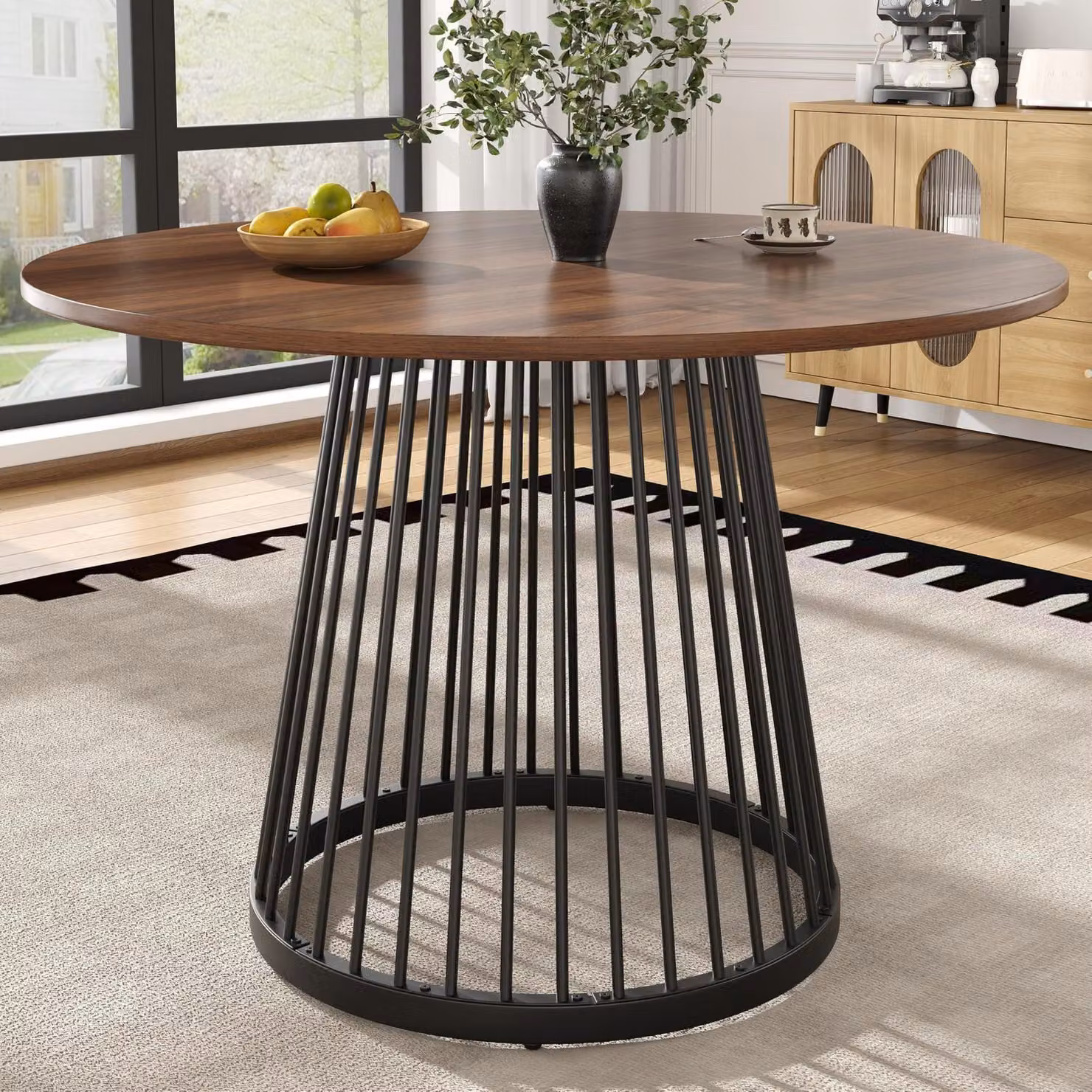 Tavolo rotondo da pranzo, diametro 80 cm, in MDF con finitura effetto noce e gambe in metallo, adatto per 4 persone