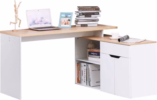 Scrivania Angolare con Libreria, Armadietto e Cassetto ¨C Minimal ¨C Legno e Bianco 140x117x76