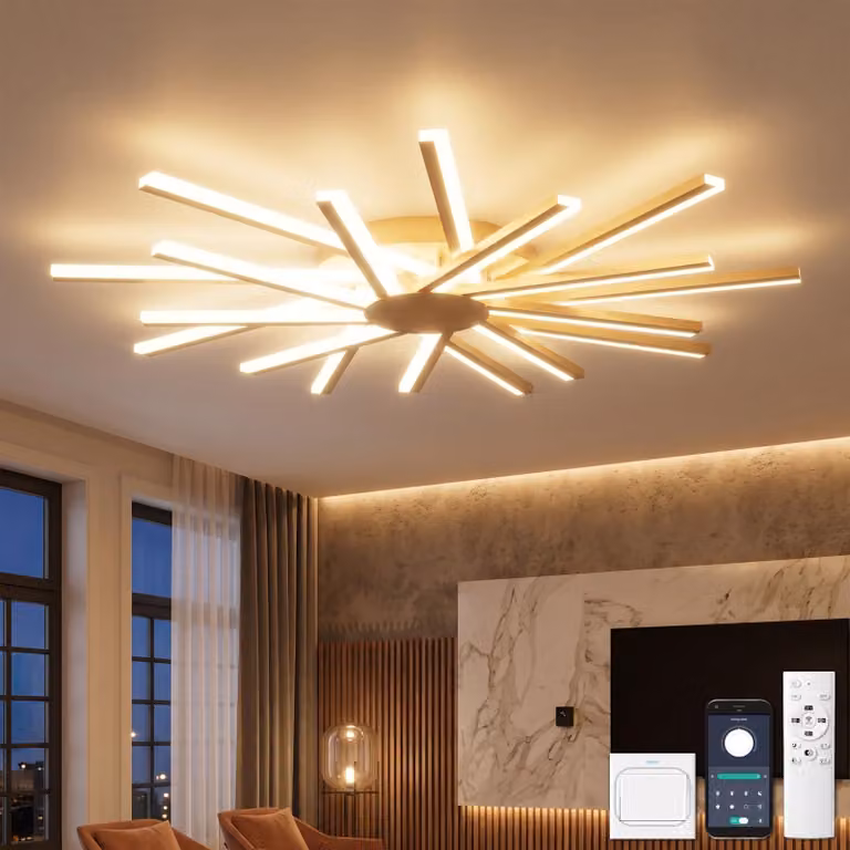 Lampada a soffitto, diametro 96 cm, dimmerabile, 18 bracci LED, color oro, design moderno
