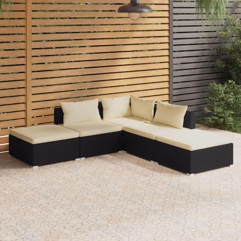 The Living Store Set da giardino 5 pezzi con cuscini in poly rattan nero