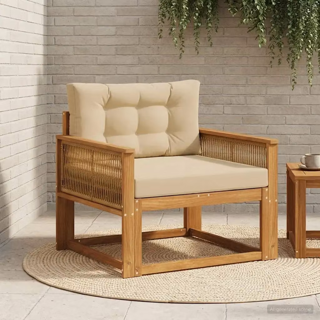 Divano centrale da esterno in legno di acacia con cuscini beige e marrone CFW9642277 – 2