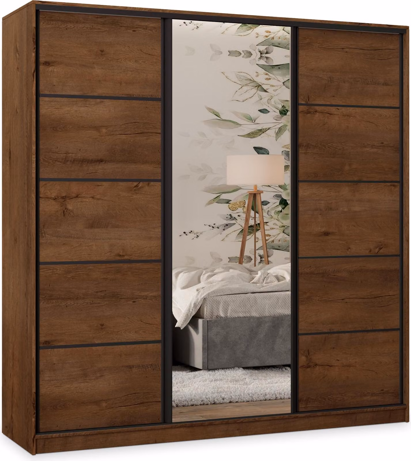 Armadio scorrevole Masseno PINA 180/205/58 cm Armadio con 4 cassetti Armadio per camera da letto a 3 ante con specchio Rovere Lefkas