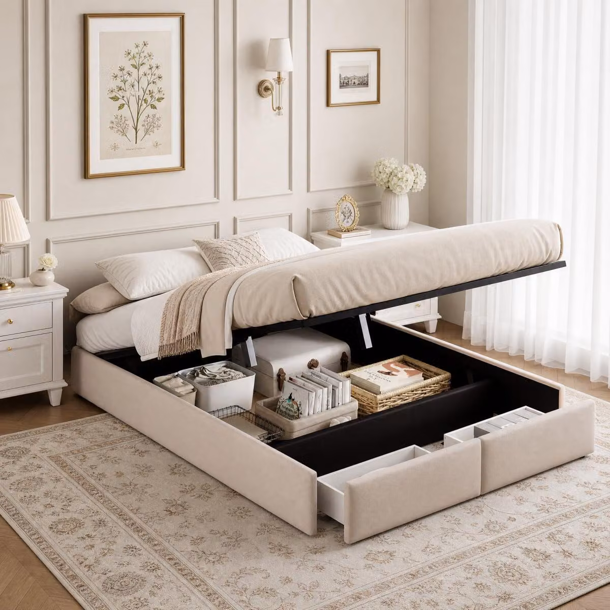 Letto imbottito INONEFT, 140x200 cm, piattaforma, letto matrimoniale con spazio contenitore, letto idraulico con 2 cassetti, letto per ragazzi con rete a doghe, colore: lino, beige