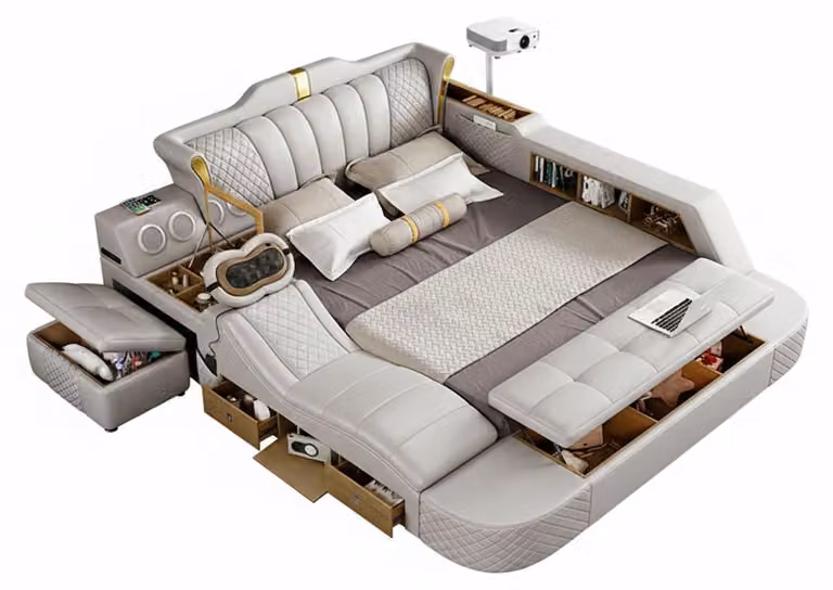 Letto multifunzionale, stile moderno, color beige, struttura in legno, comodo