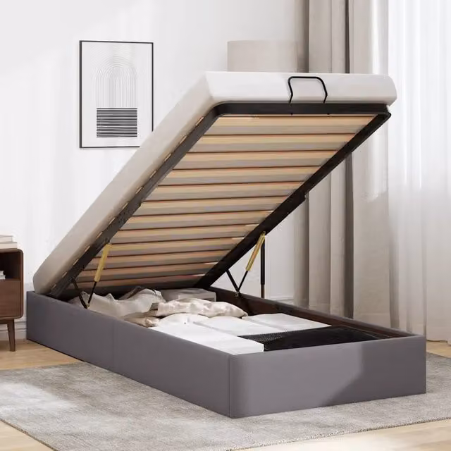 Struttura Letto Pouf senza Materasso-Giroletto con contenitore Grigio 90x200cm Similpelle