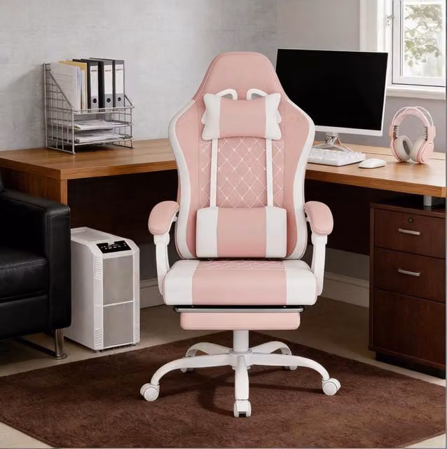 Sedia gaming ergonomica rosa e bianca con poggiatesta e funzione massaggio USB in tessuto e metallo – 1