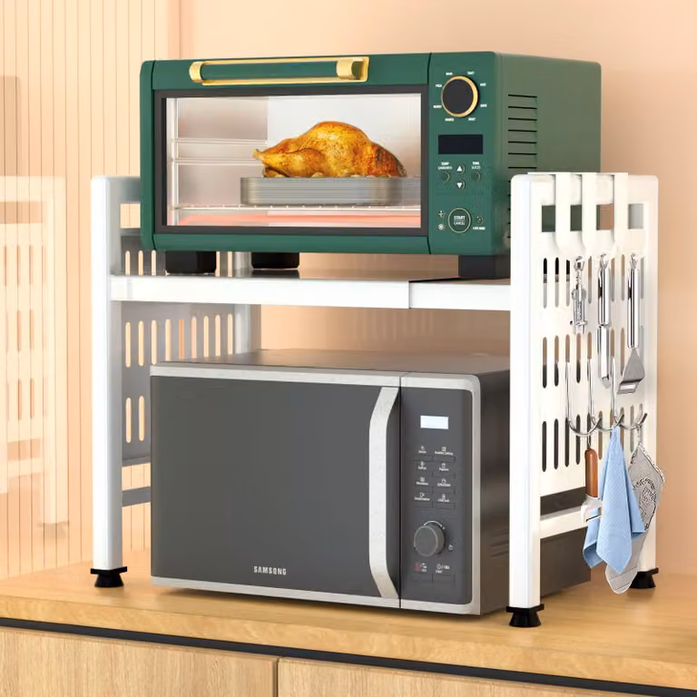 Ripiano regolabile per fornetti a microonde, da 40 a 64 cm, a 2 livelli, con ganci, per la cucina