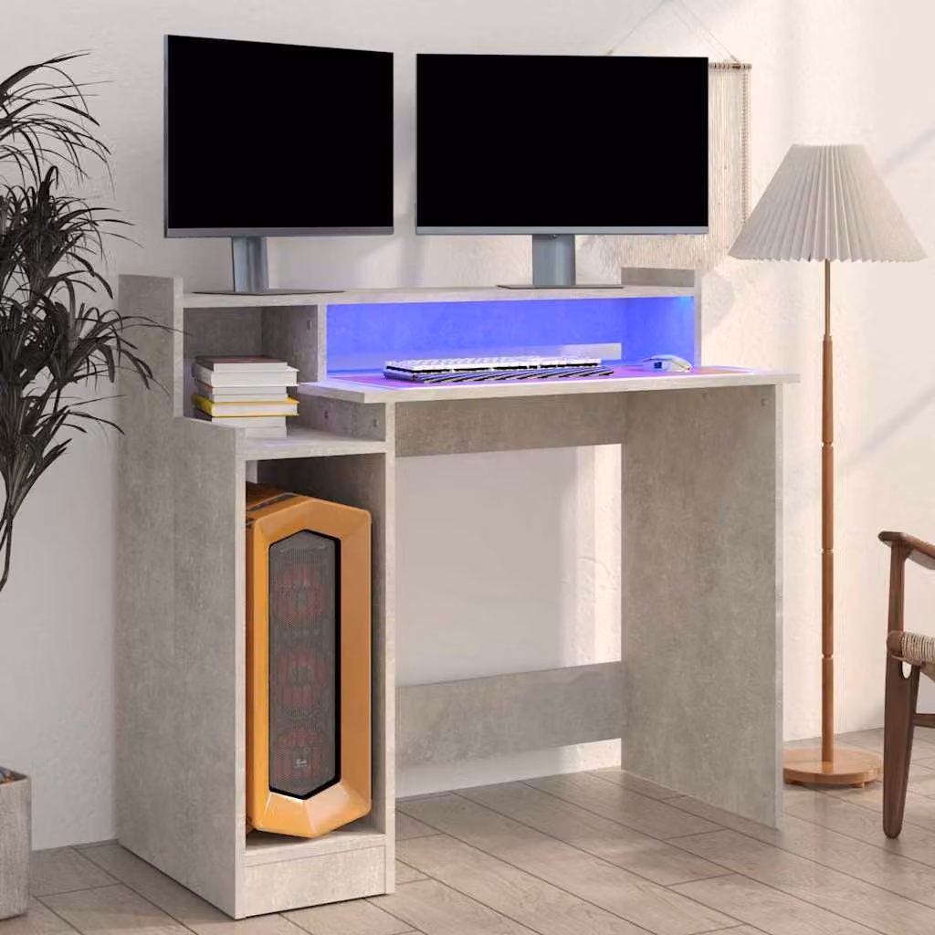 Scrivania da computer moderna vidaXL in multistrato con luci LED, colore grigio cemento, L 97 cm x P 45 cm x H 90 cm