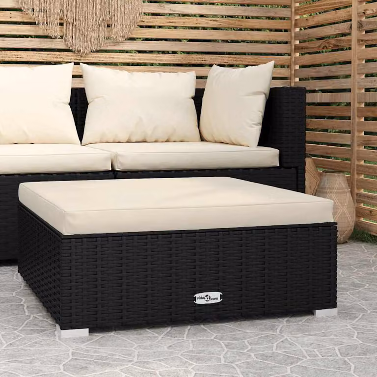 Poggiapiedi da giardino vidaXL in polyrattan con cuscino nero e beige L/P/H: 70 x 70 x 30 cm