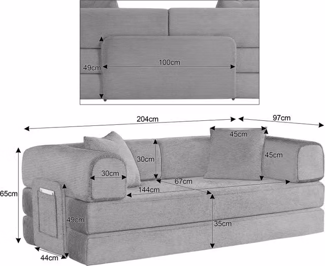 Divano letto in schiuma con due materassi da 17 cm e struttura in acciaio cromato, 2 cuscini, taupe