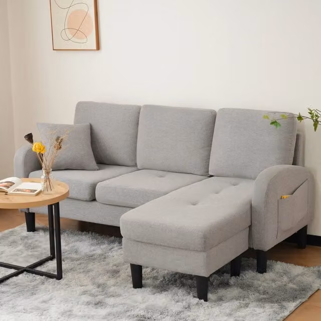 Divano Angolare con Chaise Longue 3 Posti ¨C MINIMAL ¨C Tessuto Cotone-Lino, Gambe in Plastica, 166x118x77