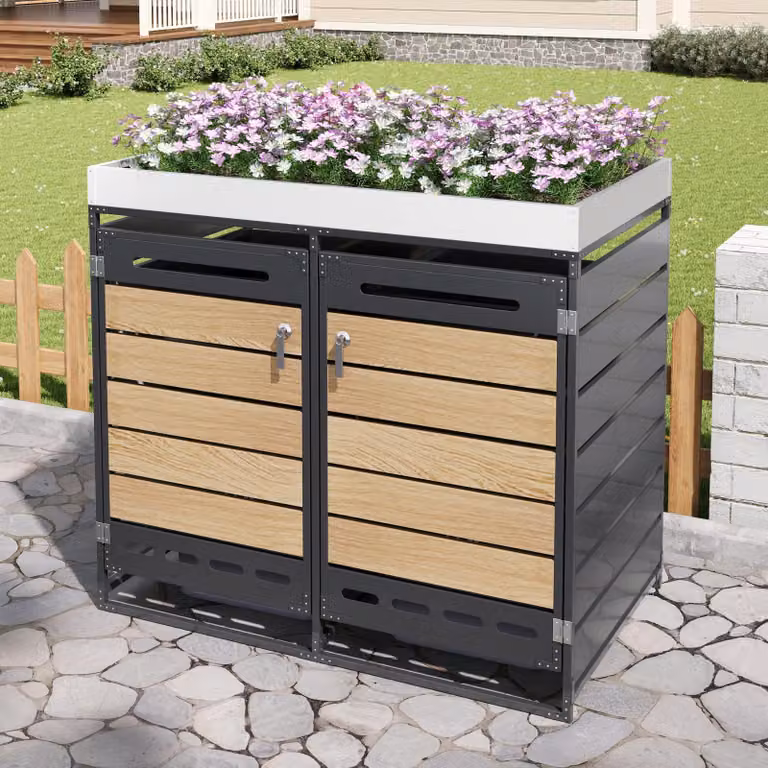 STILVORA: box per bidoni della spazzatura con fioriera e serratura, armadietto da giardino con listelli effetto legno e sistema di ventilazione, armadietto in ferro per il giardino