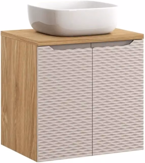 Set da bagno YOKA beige: mobiletto sotto lavabo con armadietti 60 cm + piano lavabo + lavabo da appoggio