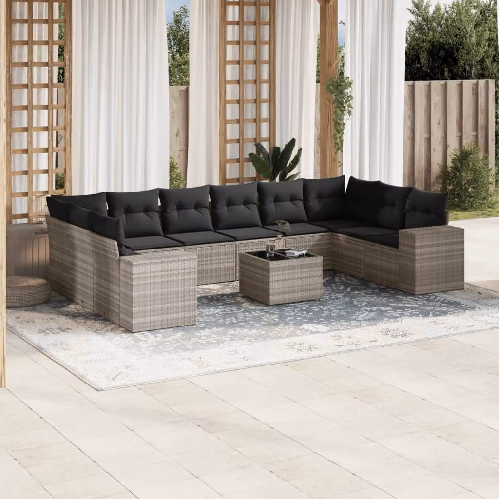 Set di Divani da Giardino vidaXL 11 pz con Cuscini e Tavolino in Polyrattan Grigio – 1