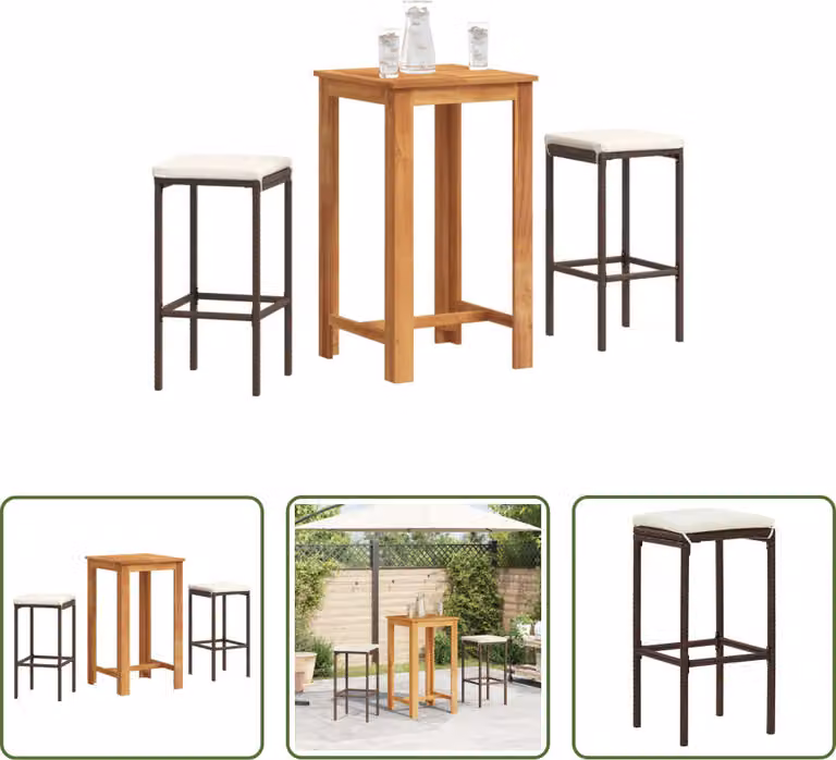 The Living Store Set bar da giardino 3 pezzi in legno massiccio di acacia marrone e poly rattan