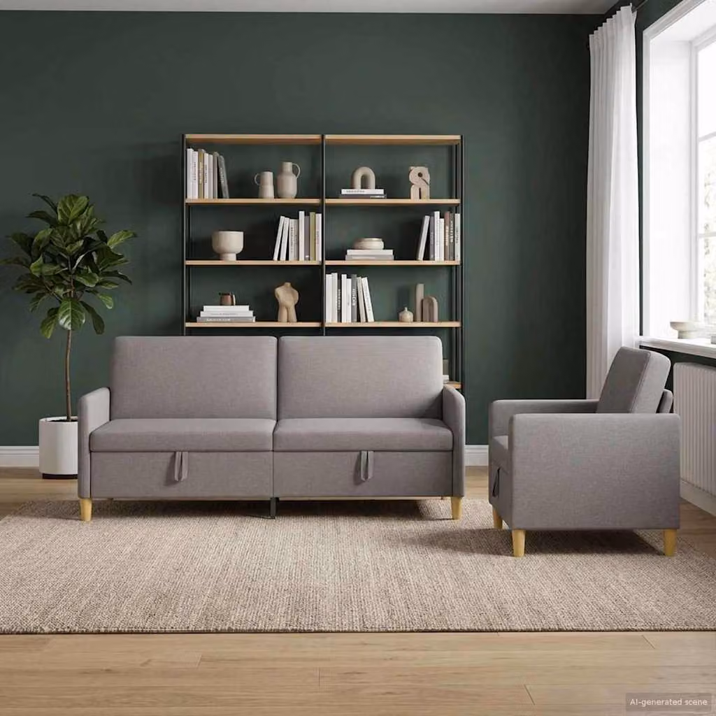 Set di 2 divani moderni vidaXL con contenitore, rivestimento in tessuto e seduta sollevabile, colore beige/marrone/grigio