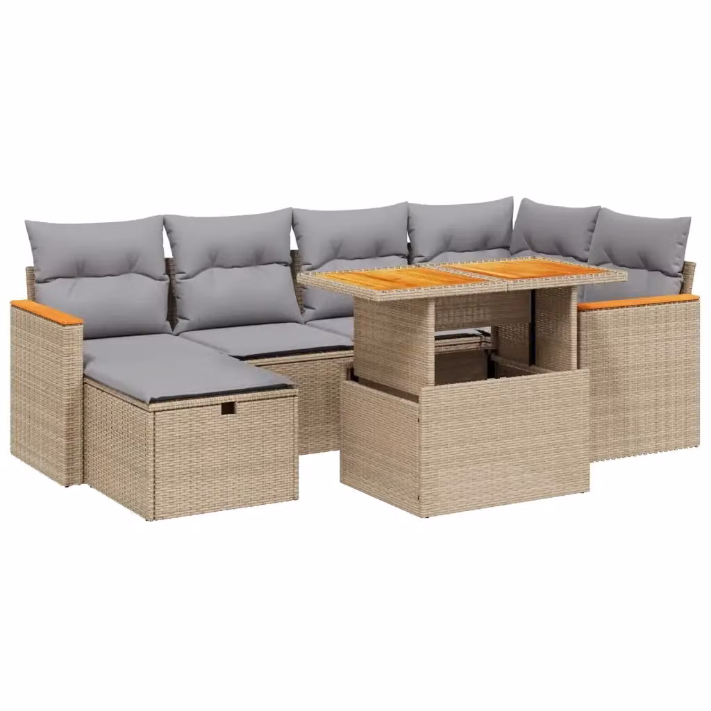 Set da giardino moderno vidaXL composto da 7 pezzi in polyrattan con cuscini beige e grigi e tavolino da esterno – 2