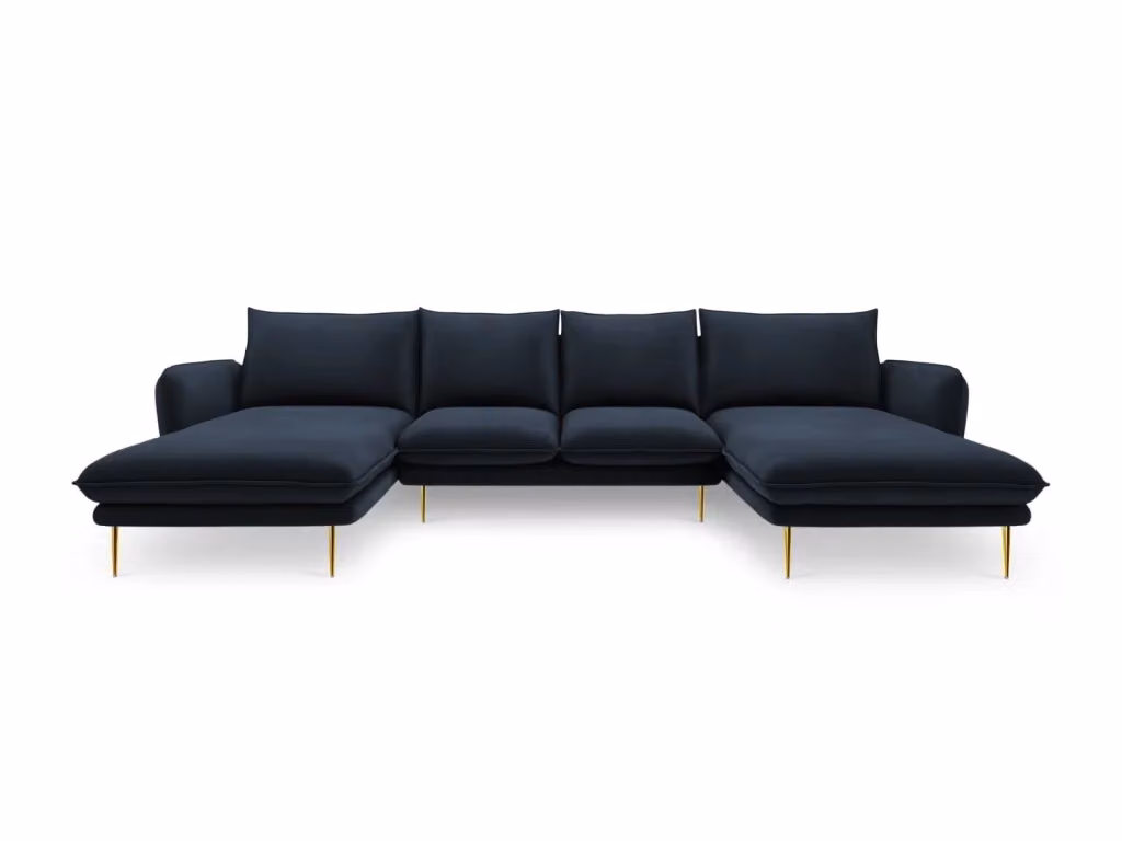 Divano panoramico Vienna di Cosmopolitan Design, modello a L da 6 posti in velluto blu con dettagli oro, L/P/H: 350 x 170 x 95 cm – 2