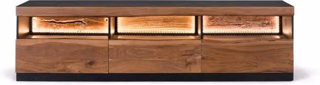 Mobile TV moderno Giner y Colomer in legno di acacia naturale e metallo, colori marrone e nero, L: 180 cm, P: 42 cm, H: 50 cm