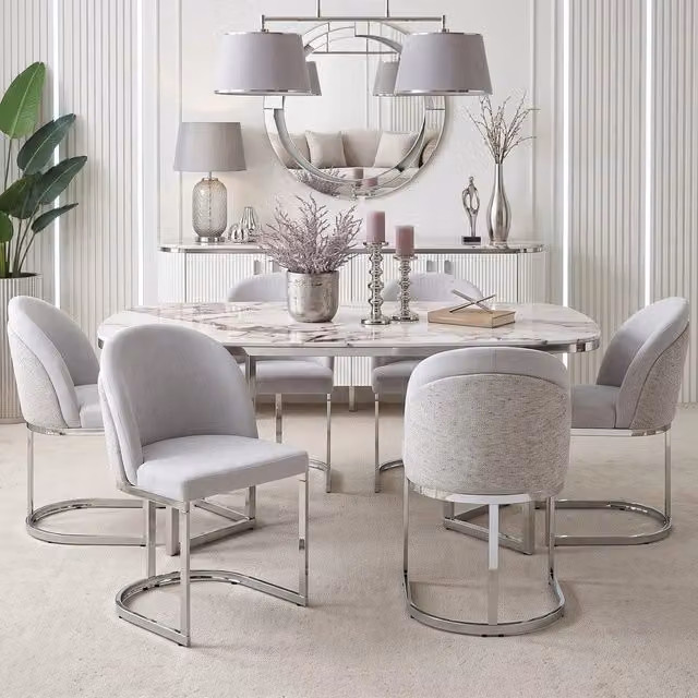 Set 6 sedie da pranzo ¨C Minimal ¨C tessuto chenille grigio chiaro gambe metallo argento stile moderno