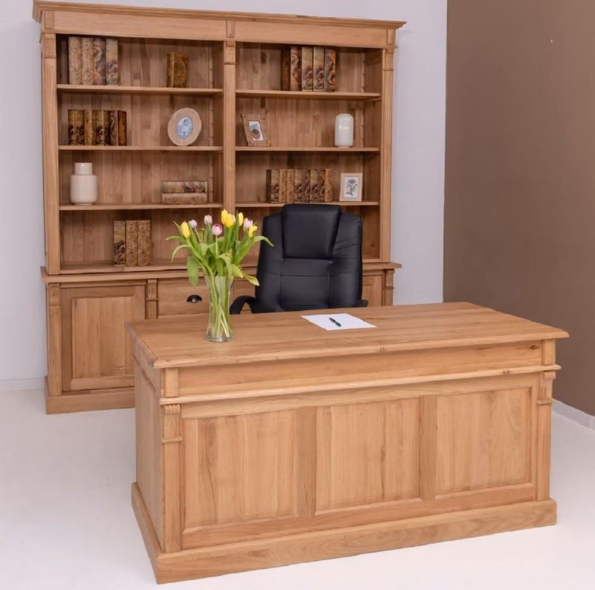 Casa Padrino set di mobili da ufficio in stile country colori naturali - 1 scrivania in legno massello in stile country & 1 scaffale in legno massello in stile country - Mobili da ufficio in legno massello in stile country
