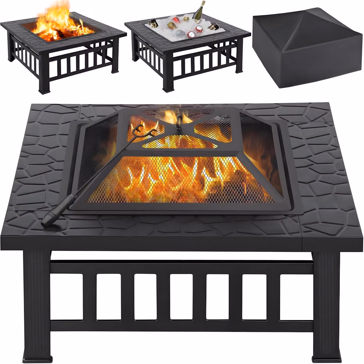 Braciere da giardino - Quadrato - Nero - 81 x 81 x 36,5 cm - Focolare da esterno, braciere con copertura - Per giardino, terrazzo e campeggio