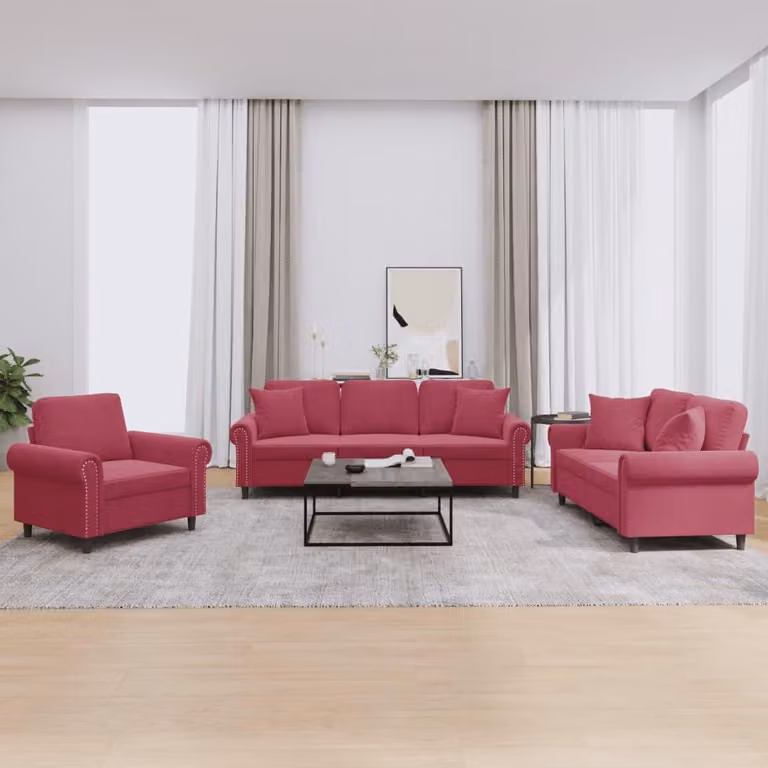 vidaXL Set di divani 3 pezzi con cuscini in velluto rosso vino
