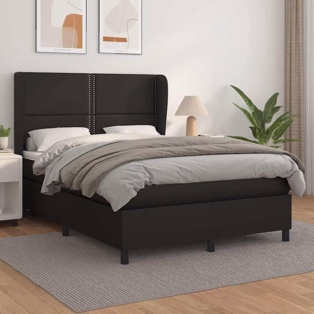 vidaXL Giroletto a Molle con Materasso Ibrido in Similpelle Nero L/P/H: 140 x 200 cm – 1