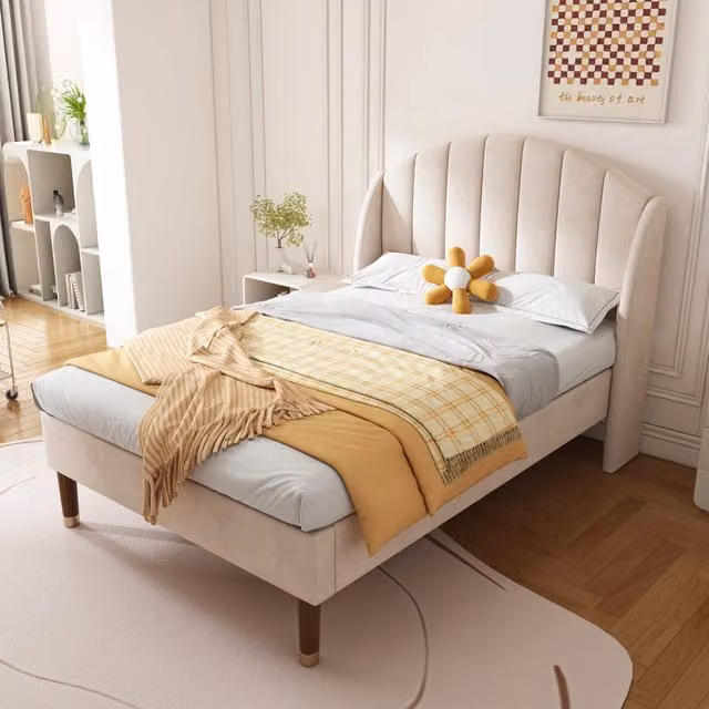 Letto singolo imbottito 90 × 200 cm con rete a doghe e testiera in velluto beige piedi alti 20 cm