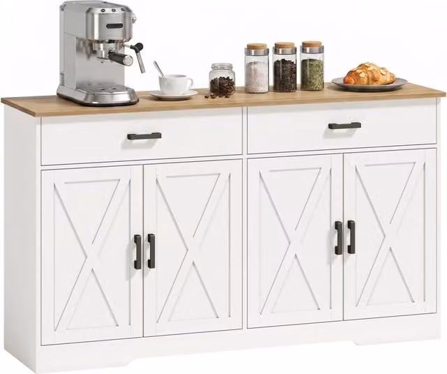Credenza Buffet 140 cm Bianca, 2 Cassetti e 2 Ante, Mobile Sideboard Multifunzionale Stile Country per Cucina e Soggiorno