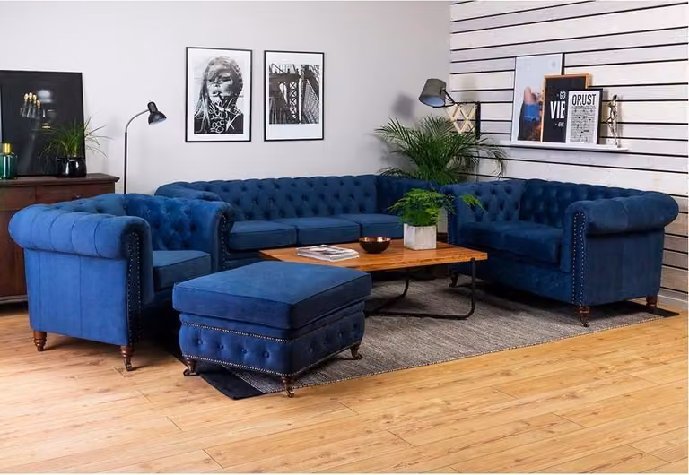 Sofagarnitur 3+1 Sitzer Sofas Couch Polster Blaue Garnitur Klassische Couchen