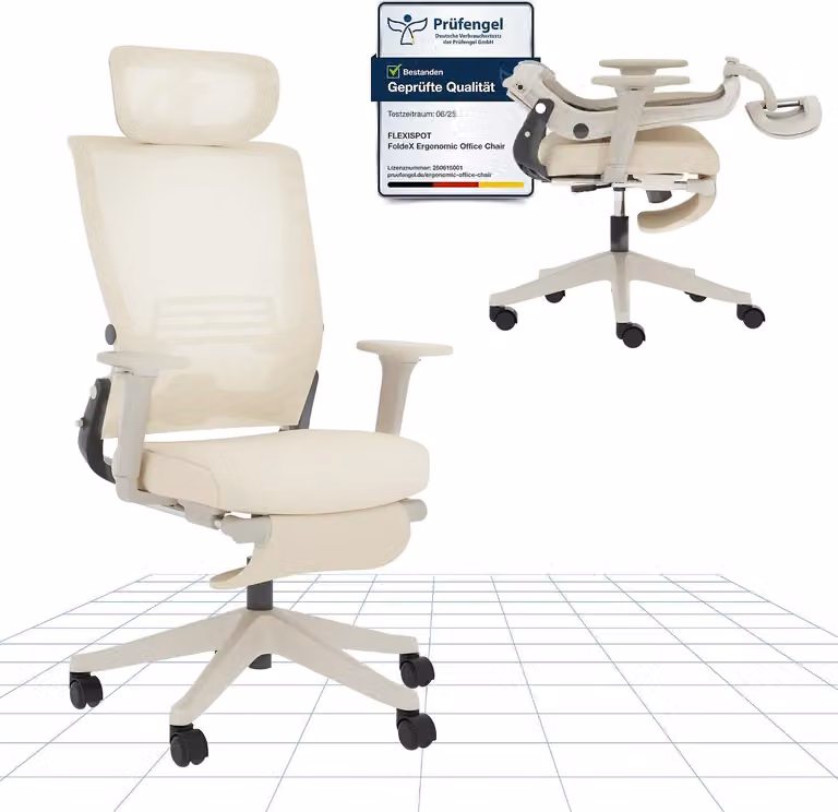 Sedia da ufficio Foldex: sedia pieghevole, ergonomica, con supporto lombare, braccioli regolabili in altezza, poggiatesta 2D e poggiapiedi