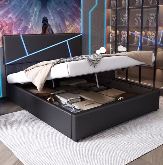 Letto imbottito 140 x 200 cm con testiera LED; contenitore idraulico e PU nero