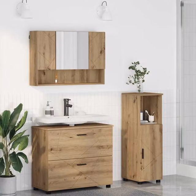 Set di mobili per il bagno moderno vidaXL in 3 pezzi color rovere con mobile lavabo, armadietto con specchio e colonna alta, finitura opaca
