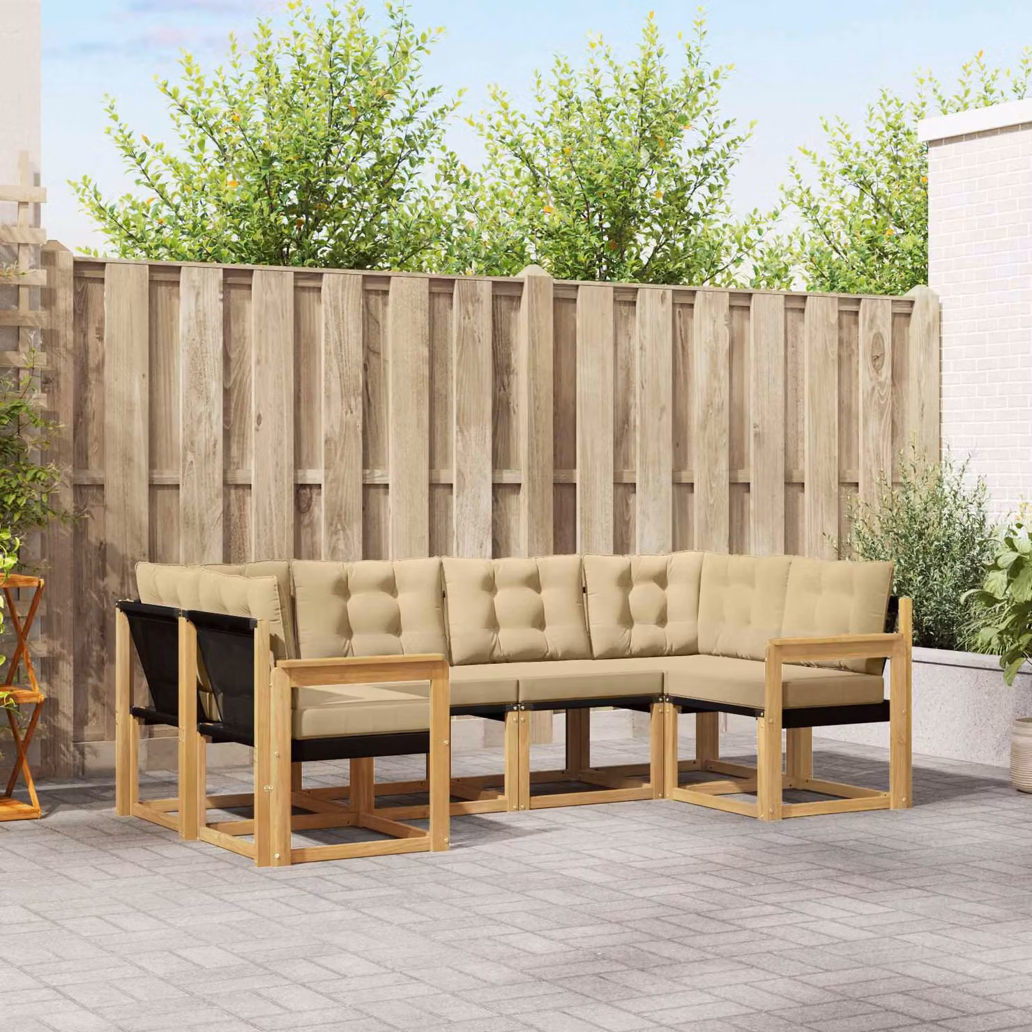 Set di divani da esterno vidaXL 6 pz a forma di L in legno di acacia con cuscini bianchi e beige