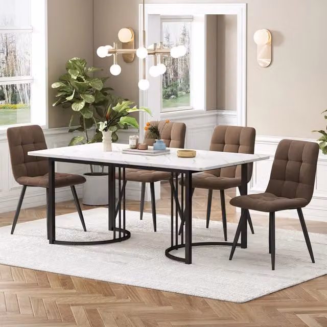 Tavolo da Pranzo Allungabile con 4 Sedie ¨C MINIMAL ¨C Piano MDF Bianco, Gambe Metallo Nero, 140x80cm