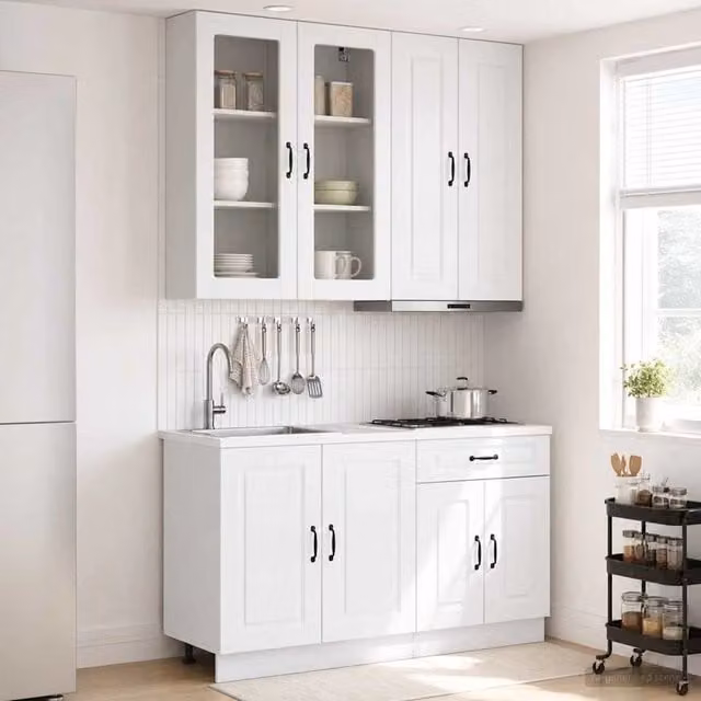 Unità Cucina Moderna vidaXL Bianco Lucido in MDF con Ante in Vetro e Ripiani Aperti