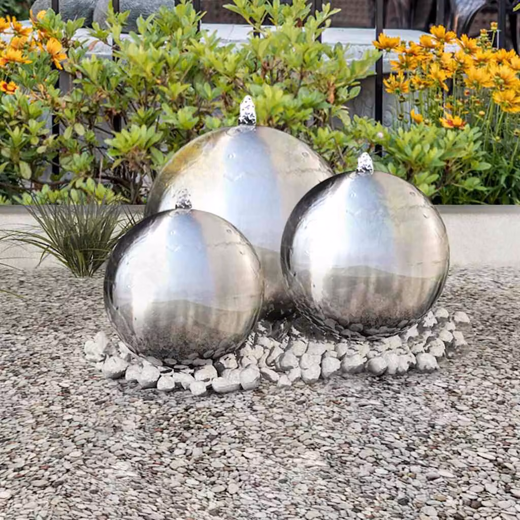 Set di 3 fontane da giardino a sfera vidaXL in acciaio inox color argento con LED, diametro: 30 cm