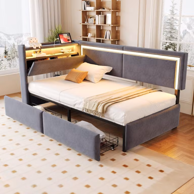 MODFU Letto a scomparsa 90x200, letto imbottito con cassetti contenitori, letto singolo per bambini con scaffali e vani portaoggetti, senza materasso, color grigio scuro