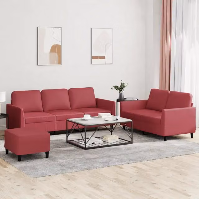 Set di divani moderno vidaXL in similpelle rossa composto da divano a 3 posti, divano a 2 posti e pouf con cuscini inclusi – 1